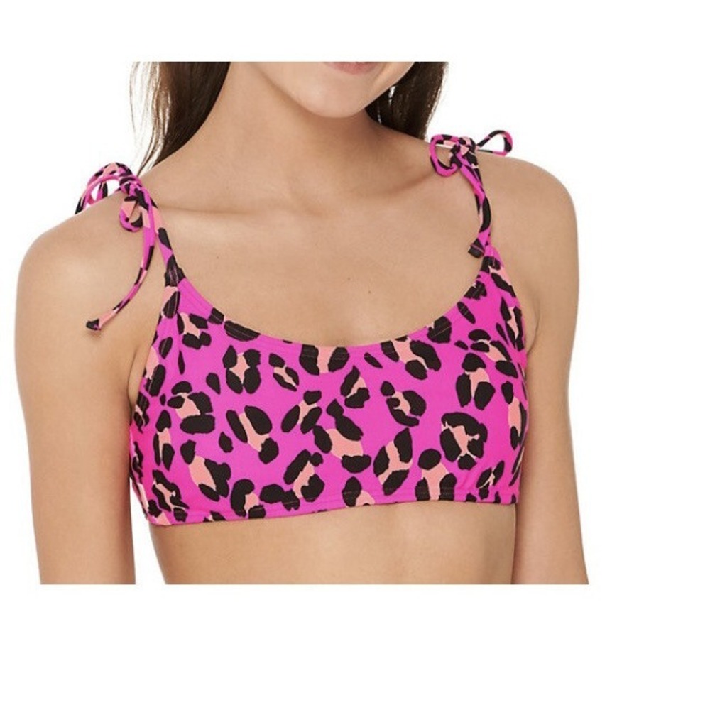 So Juniors Girls Shoulder Tie Bralette Bikini Top Large 11-13 Leopard Pink New